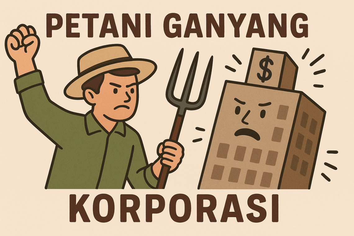 Ilustrasi Petani ganyang Koorporasi. (Sumber: ChatGPT)