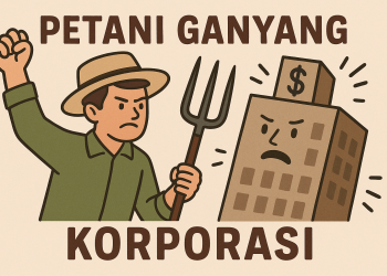 Ilustrasi Petani ganyang Koorporasi. (Sumber: ChatGPT)