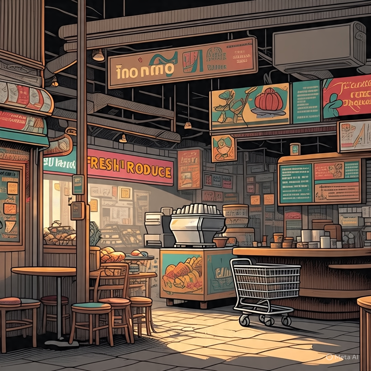 Ilustrasi warung kopi di Pasar Mini dengan kodisi sepi (Sumber: Meta AI)