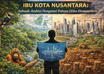 Ilustrasi pembangunan Ibu Kota Nusantara di Kalimantan dengan latar hutan dan aktivitas manusia, menggambarkan konflik antara kepentingan pembangunan dan keberlanjutan lingkungan hidup.