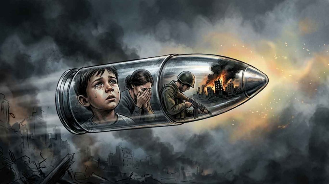 Ilustrasi peluru berisi wajah korban perang anak, ibu, dan tentara di tengah kota yang hancur akibat konflik.