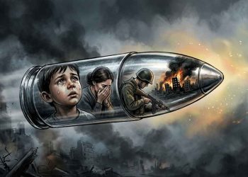 Ilustrasi peluru berisi wajah korban perang anak, ibu, dan tentara di tengah kota yang hancur akibat konflik.
