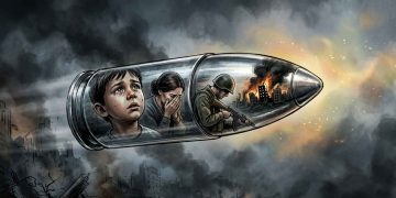 Ilustrasi peluru berisi wajah korban perang anak, ibu, dan tentara di tengah kota yang hancur akibat konflik.