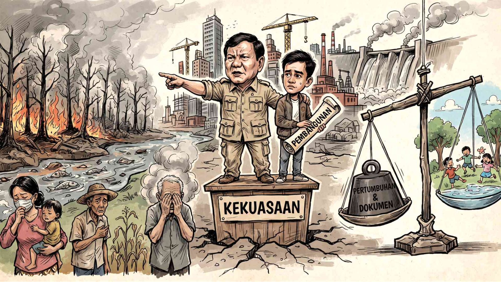 Karikatur editorial tentang dua tahun pemerintahan Prabowo–Gibran, krisis ekologis, kabut asap, dan ketimpangan sosial di Indonesia.