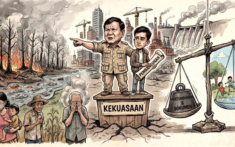 Karikatur editorial tentang dua tahun pemerintahan Prabowo–Gibran, krisis ekologis, kabut asap, dan ketimpangan sosial di Indonesia.