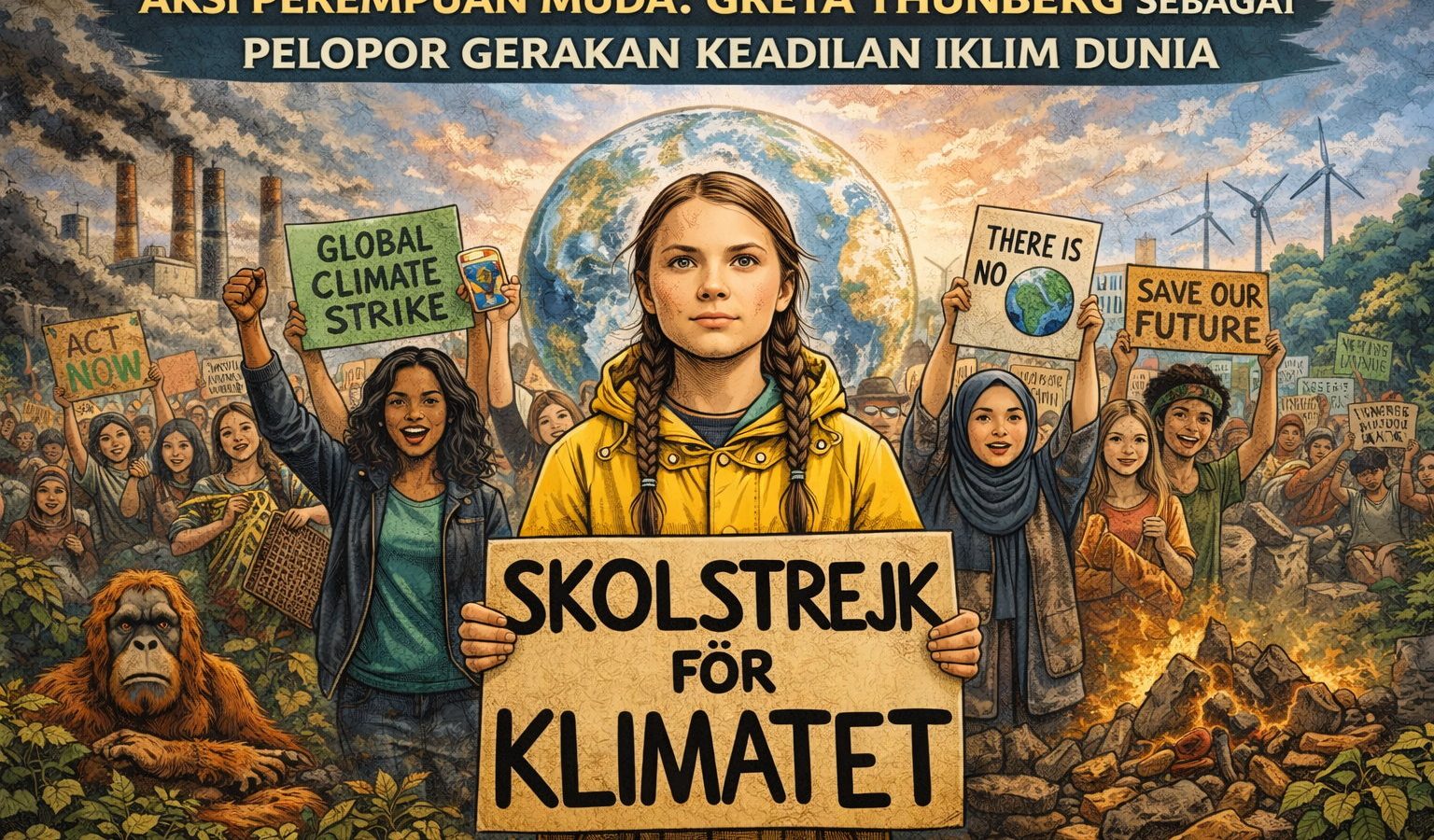 Ilustrasi Greta Thunberg memegang plakat 'Skolstrejk för Klimatet' dalam aksi keadilan iklim