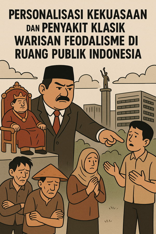 Ilustrasi karikatur personalisasi kekuasaan: pejabat menuding warga di depan singgasana dan gedung kota